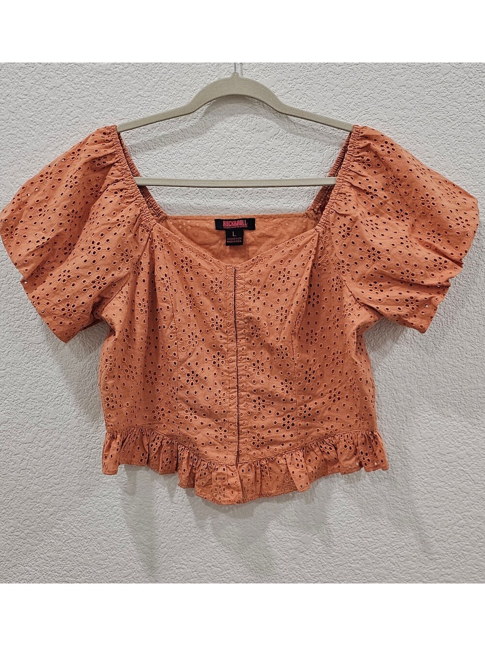 Rock & Roll Denim Women’s Large Coral Eyelet Puff Sleeve Crop Top Western